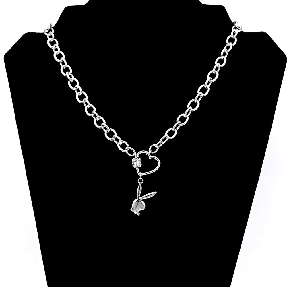 Silver Tone Playboy Bunny Necklace Rhinestone Heart Clasp 16 Choker Y2K